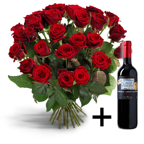 prieel leer Trouw 20 Rode Rozen + Gratis wijn - via 123BloemenBestellen.nl